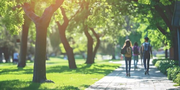 People walking along a path in a green park
